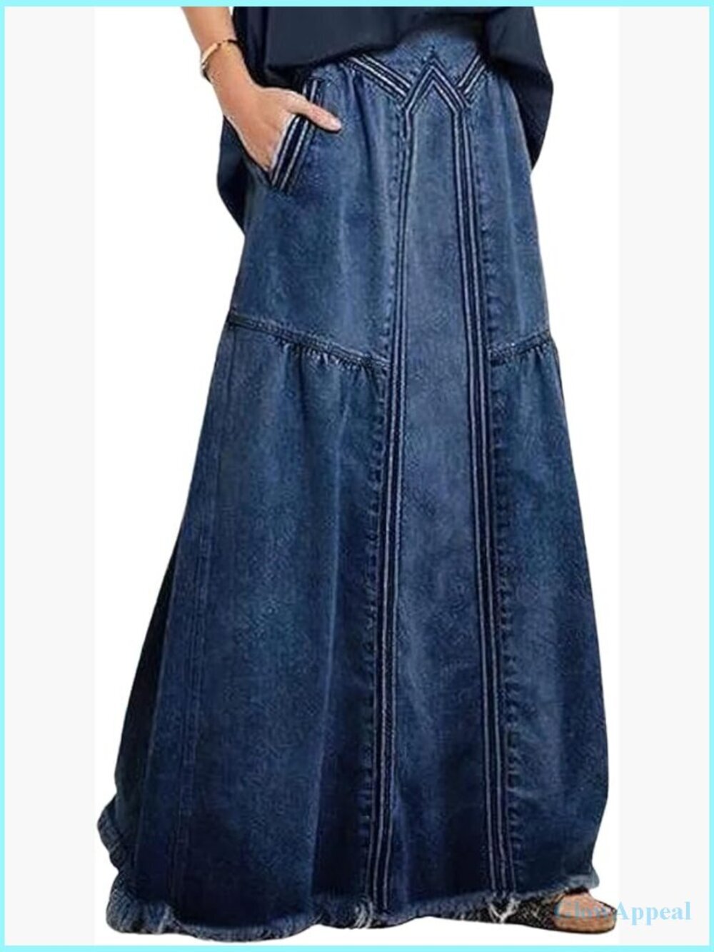 Retro Elastic High Waist Frayed A-Line Maxi Denim Skirt with Pockets